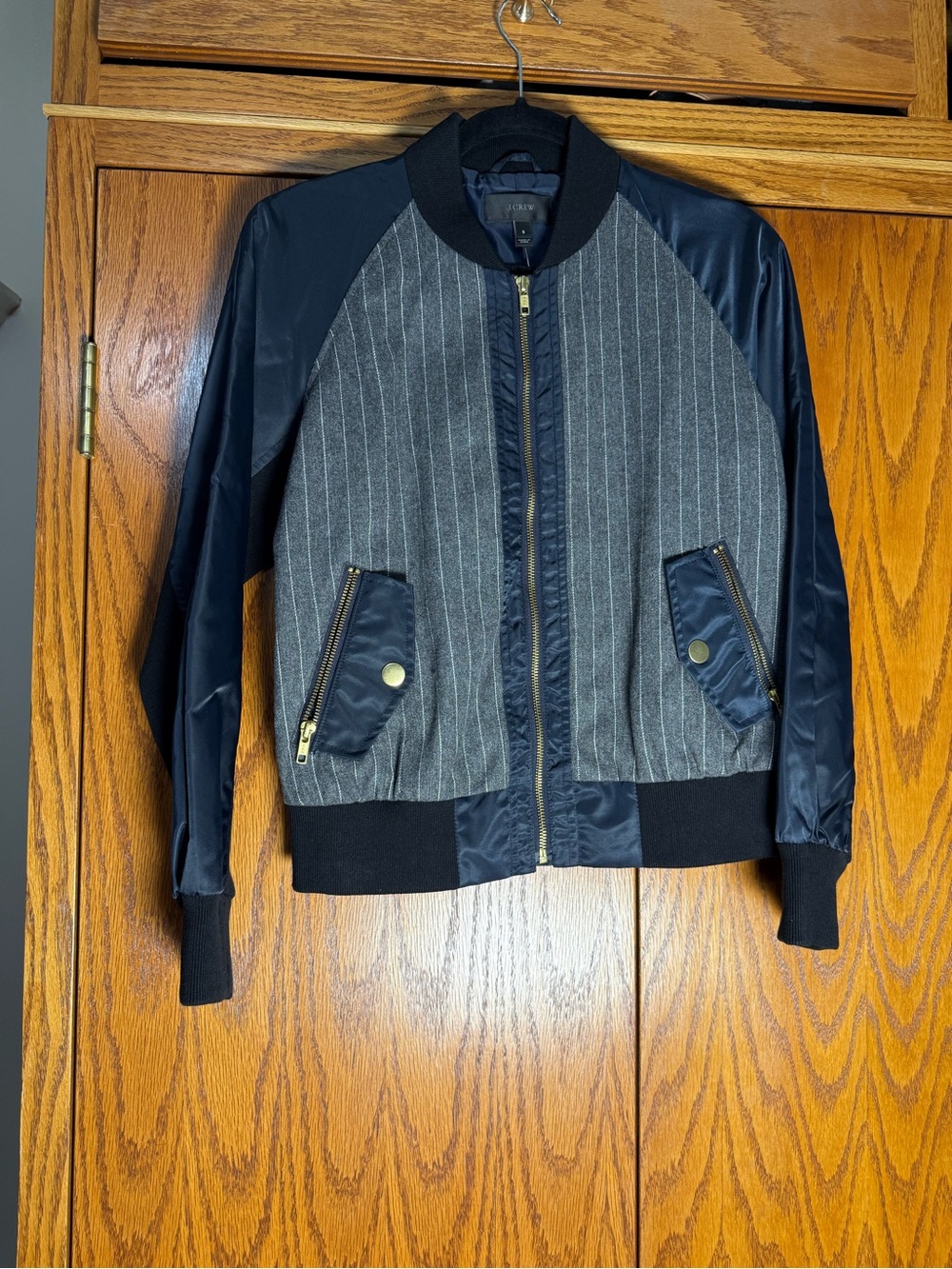 J. Crew Navy Satin Sleeve Bomber with Gray Pinstripe Front